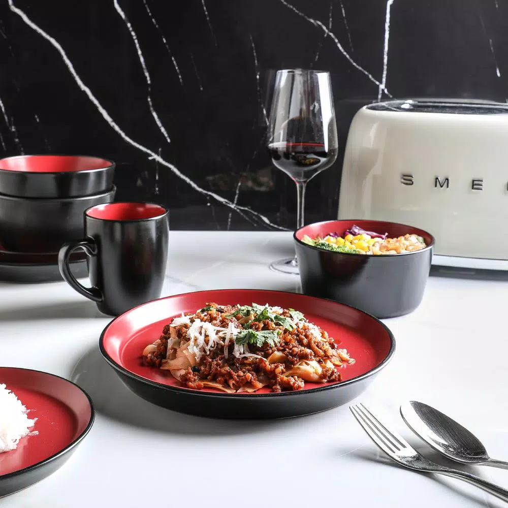 STONE LAIN 32-Piece Red and Black Stoneware Dinnerware Set, Service for 8