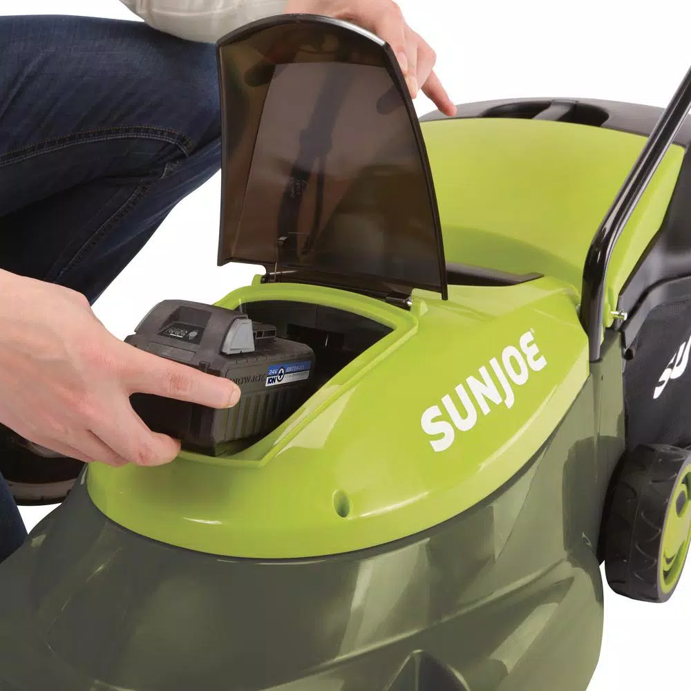 Sun Joe 24V Cordless Walk-Behind Push Lawn Mower Kit with 5.0 Ah Battery and Charger, 14 in. Cutting Width