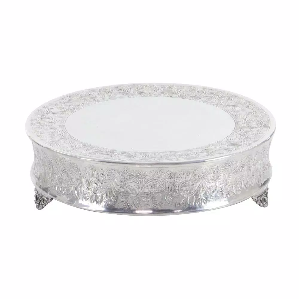 LITTON LANE Silver Aluminum Round Cake Stand Set of 4 with Floral Vine Design