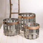 Glitzhome Farmhouse Slotted Galvanized Metal Storage Basket Set, Round with MDF Top (Set of 3) thumbnail 6