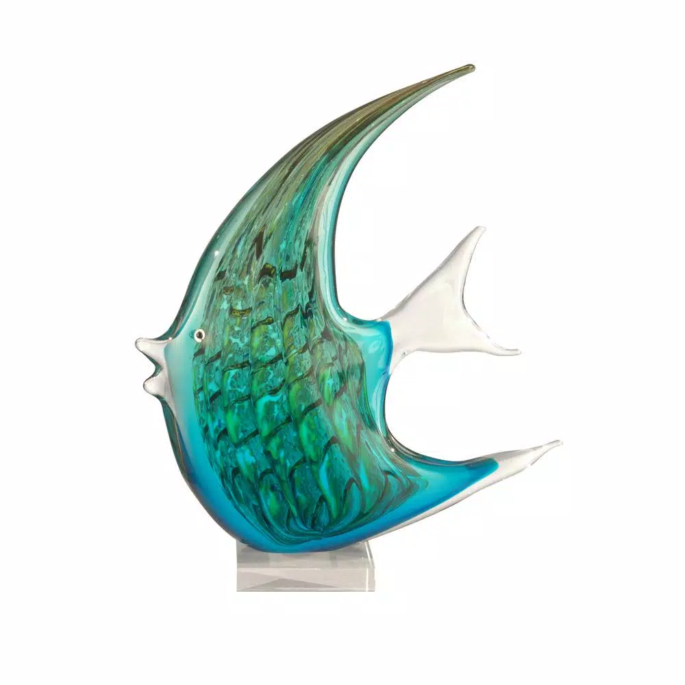 Dale Tiffany 16 in. Aqua Fish Handcrafted Irregular Art Glass Figurine - Multi-Colored Tropical Angelfish Sculpture