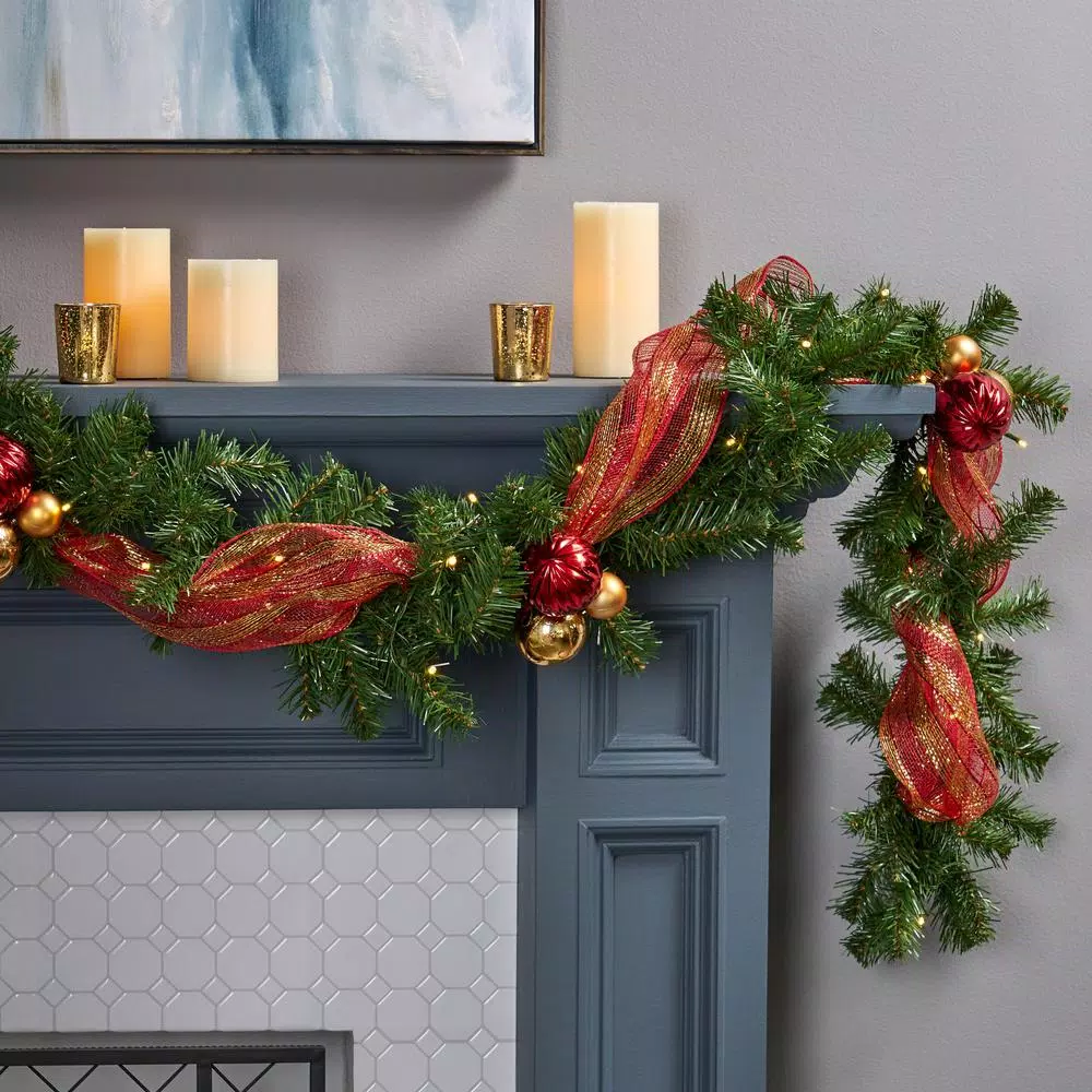 Noble House 9 ft. Pre-Lit Noble Fir Artificial Christmas Garland with Warm White LED Lights, Red and Gold Ornaments
