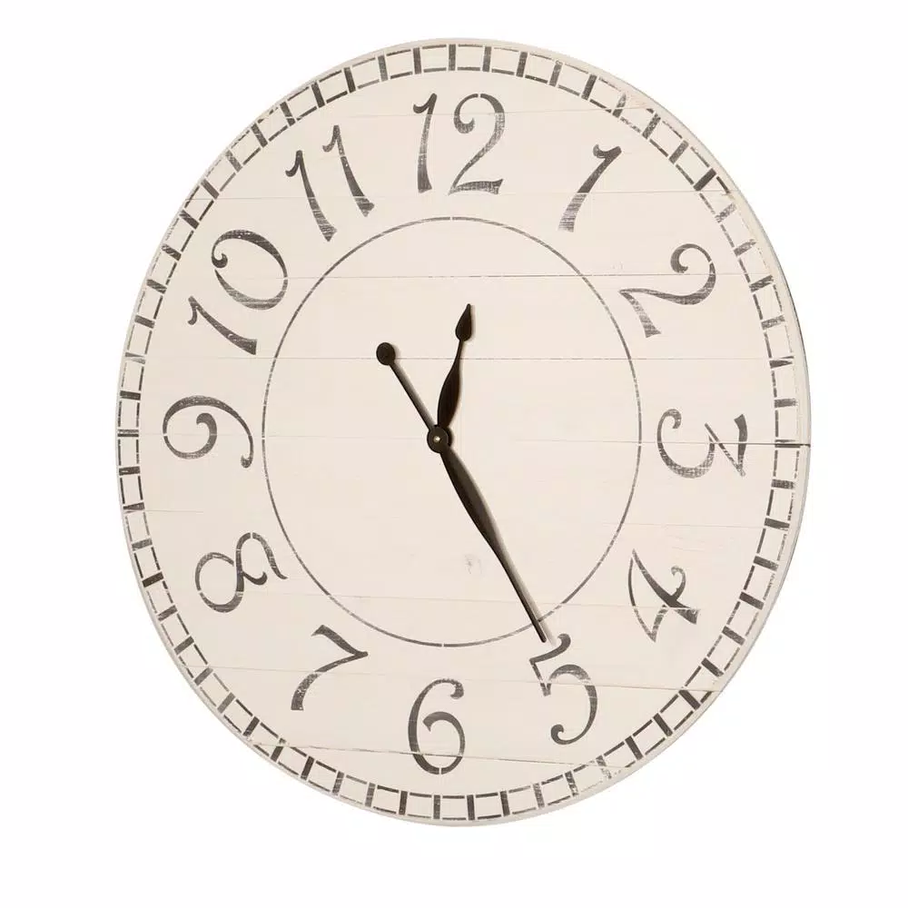 BrandtWorks 24 in. Oversized Antique White Farmhouse Wall Clock - Distressed Wood