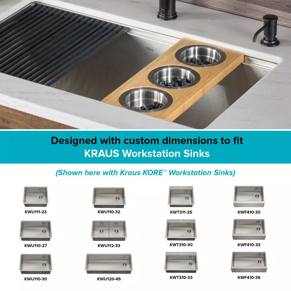 Kraus 16.75 in. Bamboo Workstation Kitchen Sink Serving Board Set with 3 Stainless Steel Prep Bowls