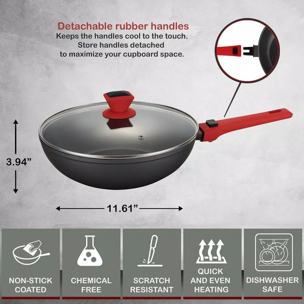 AMERCOOK 11 in. Aluminum Nonstick Wok with Lid and Detachable Handle, Scratch-Resistant Greblon C2+ Coating