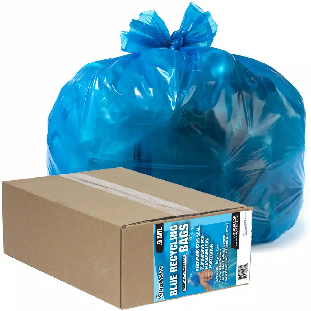 Ultrasac 33 Gallon Blue Recycling Trash Bags, Heavy Duty, 50-Count