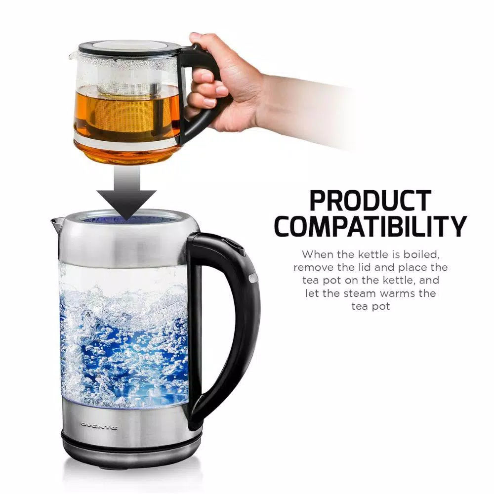 Ovente KG612S 1.7L Glass Electric Kettle with ProntoFill Technology and Reusable Teapot Infuser, Silver