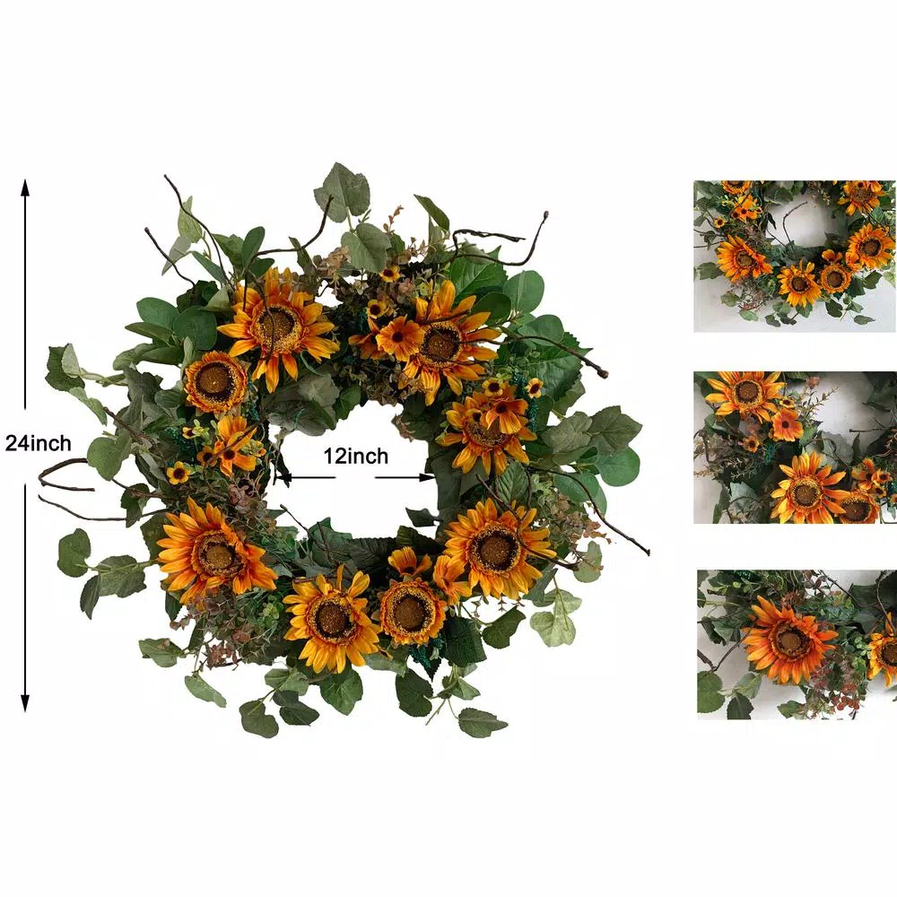Glitzhome 24 in. Artificial Sunflower Wreath with Golden Orange Sunflowers and Green Silk Leaves
