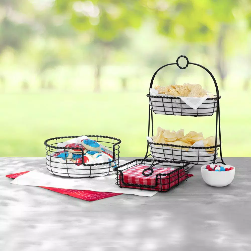 Spectrum Everly 2-Tier Oval Steel Fruit Basket & Serving Stand, Black
