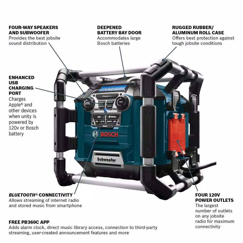 Bosch PB360C 18V Lithium-Ion Cordless Jobsite Radio, Bluetooth Stereo & Battery Charger
