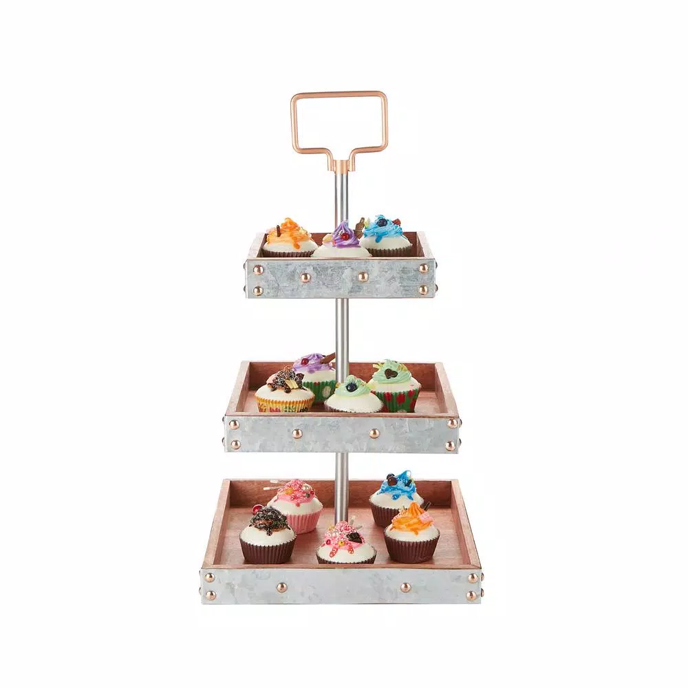 Mind Reader Products 3-Tier Silver Cake Stand, Galvanized Steel & Wood Dessert Display with Handle