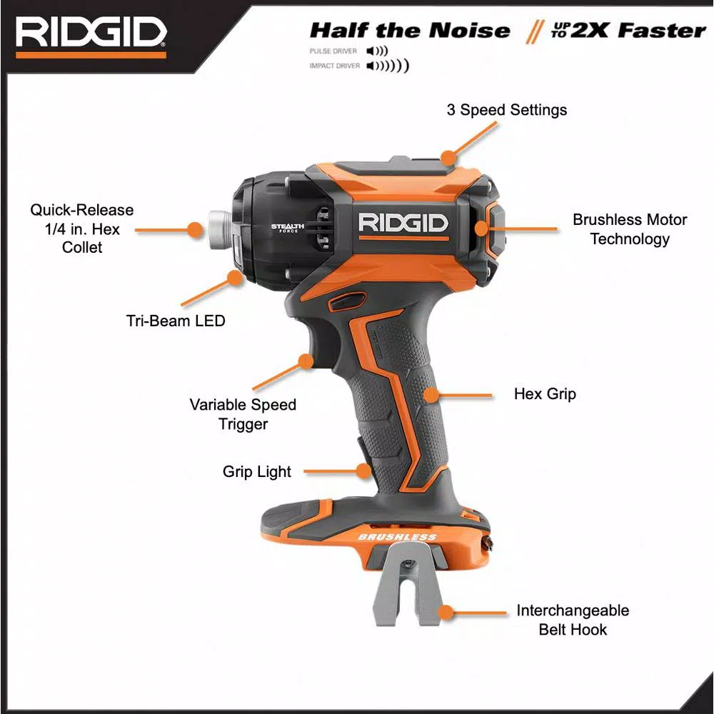 RIDGID 18V STEALTH FORCE Brushless Cordless 1/4 in. 3-Speed Impact Driver (Tool Only)