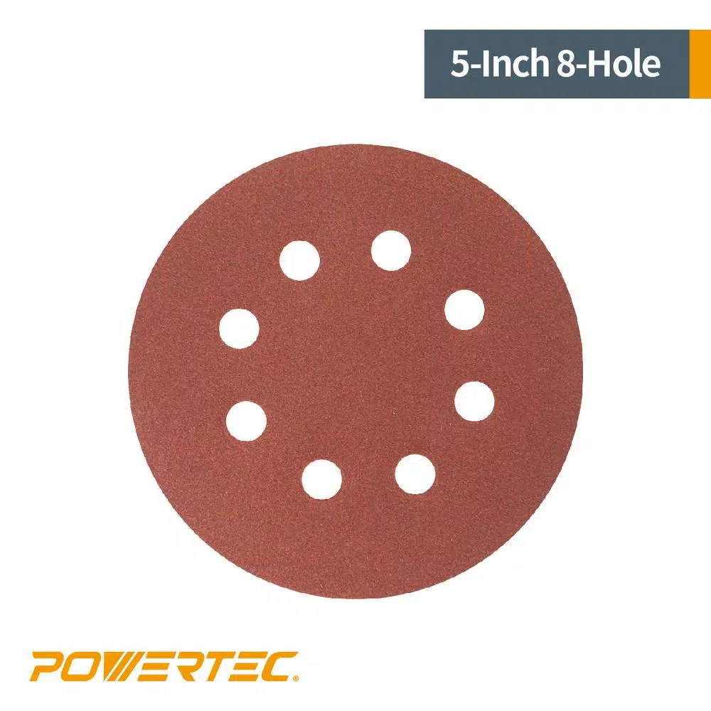 POWERTEC 5 in. 80 Grit Aluminum Oxide Hook and Loop 8-Hole Sanding Discs, 25-Pack
