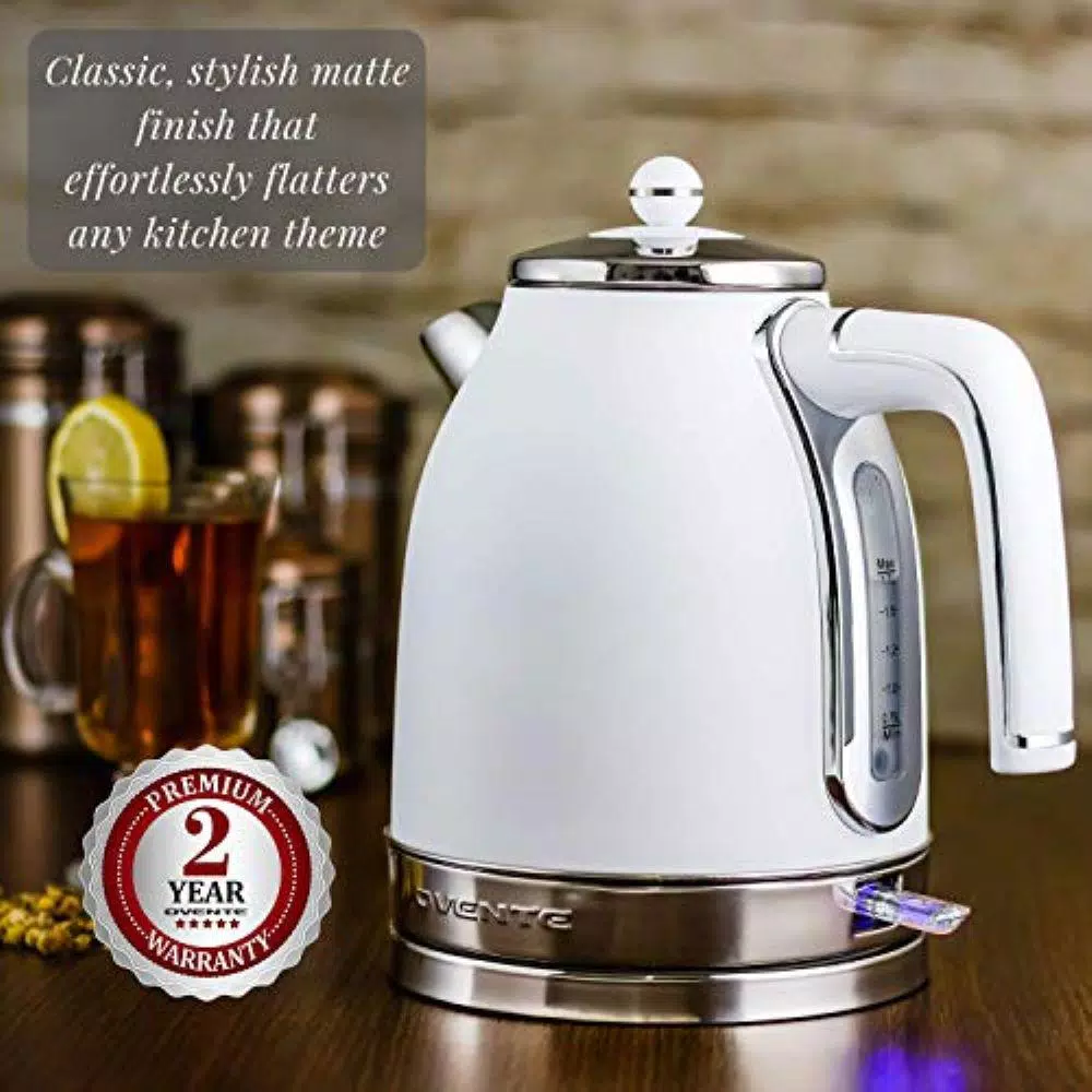 Ovente KS777 1.7L Electric Kettle, 1500W Stainless Steel Water Boiler with Auto Shut-Off and Removable Filter, White