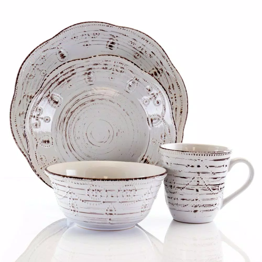 Elama Rustic Birch 16-Piece Stoneware Dinnerware Set, Service for 4