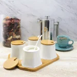 Elama Ceramic Condiment Jar Set with Bamboo Lids, Serving Spoons, and Tray - 13 Piece White Set thumbnail 3