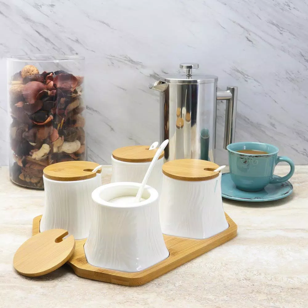 Elama Ceramic Condiment Jar Set with Bamboo Lids, Serving Spoons, and Tray - 13 Piece White Set