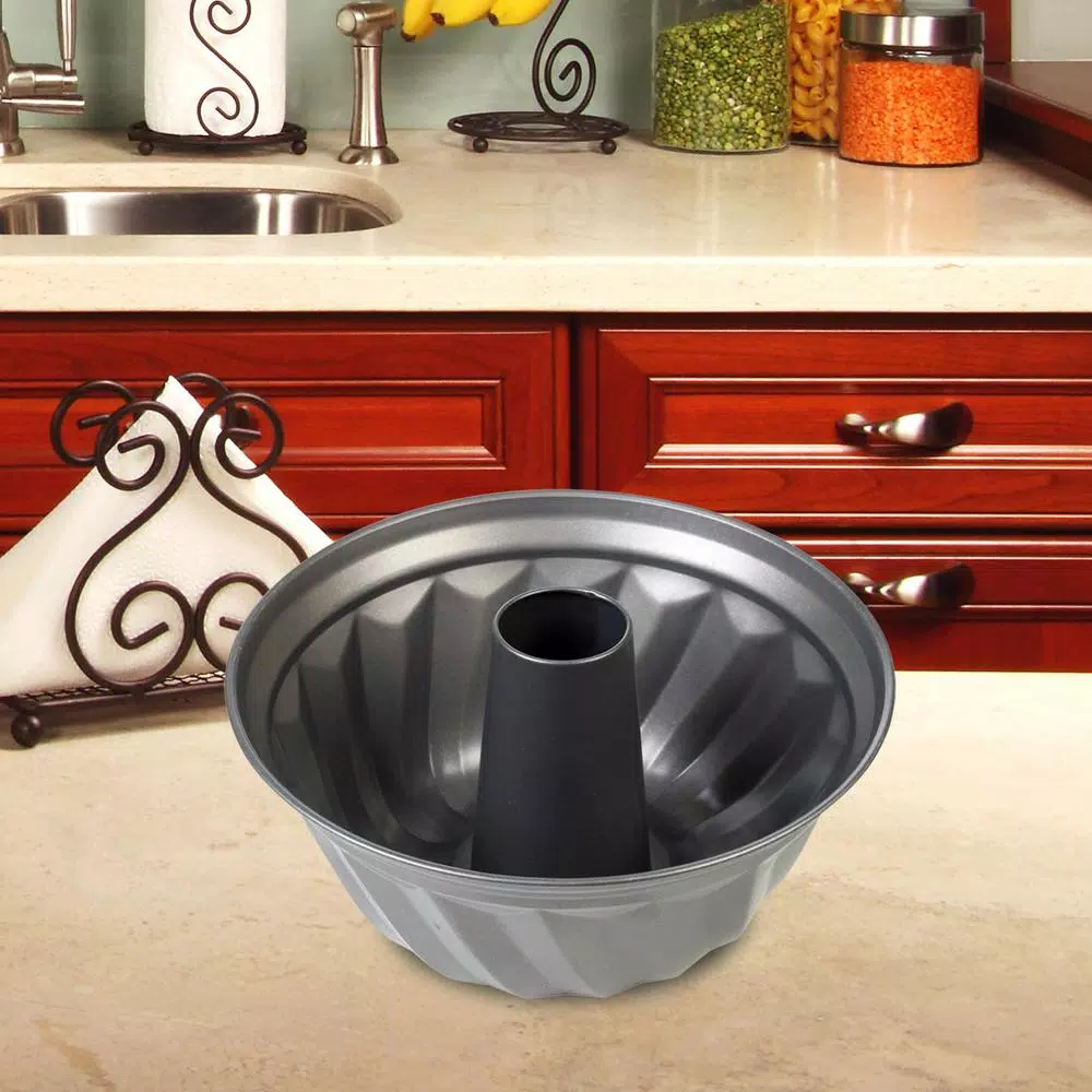 Home Basics Non-Stick Steel Fluted Bundt Cake Pan, Grey
