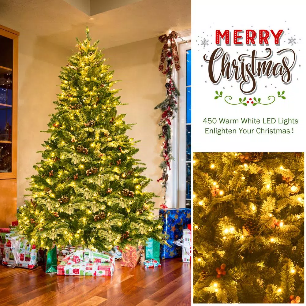 Costway 6.5 ft. Pre-Lit Slim Fraser Fir Artificial Christmas Tree with 450 Warm White LED Lights and Snow Flocking