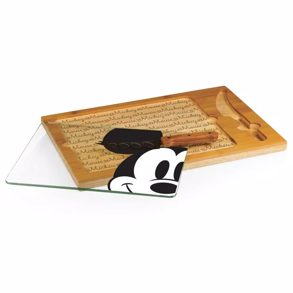 TOSCANA Mickey Mouse Icon Glass Top Serving Tray and Cheese Knife Set, Rubberwood & Bamboo