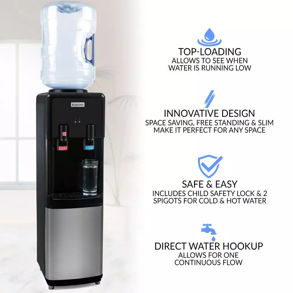 Igloo Top Loading Water Dispenser, Hot and Cold Water Cooler in Black and Stainless Steel