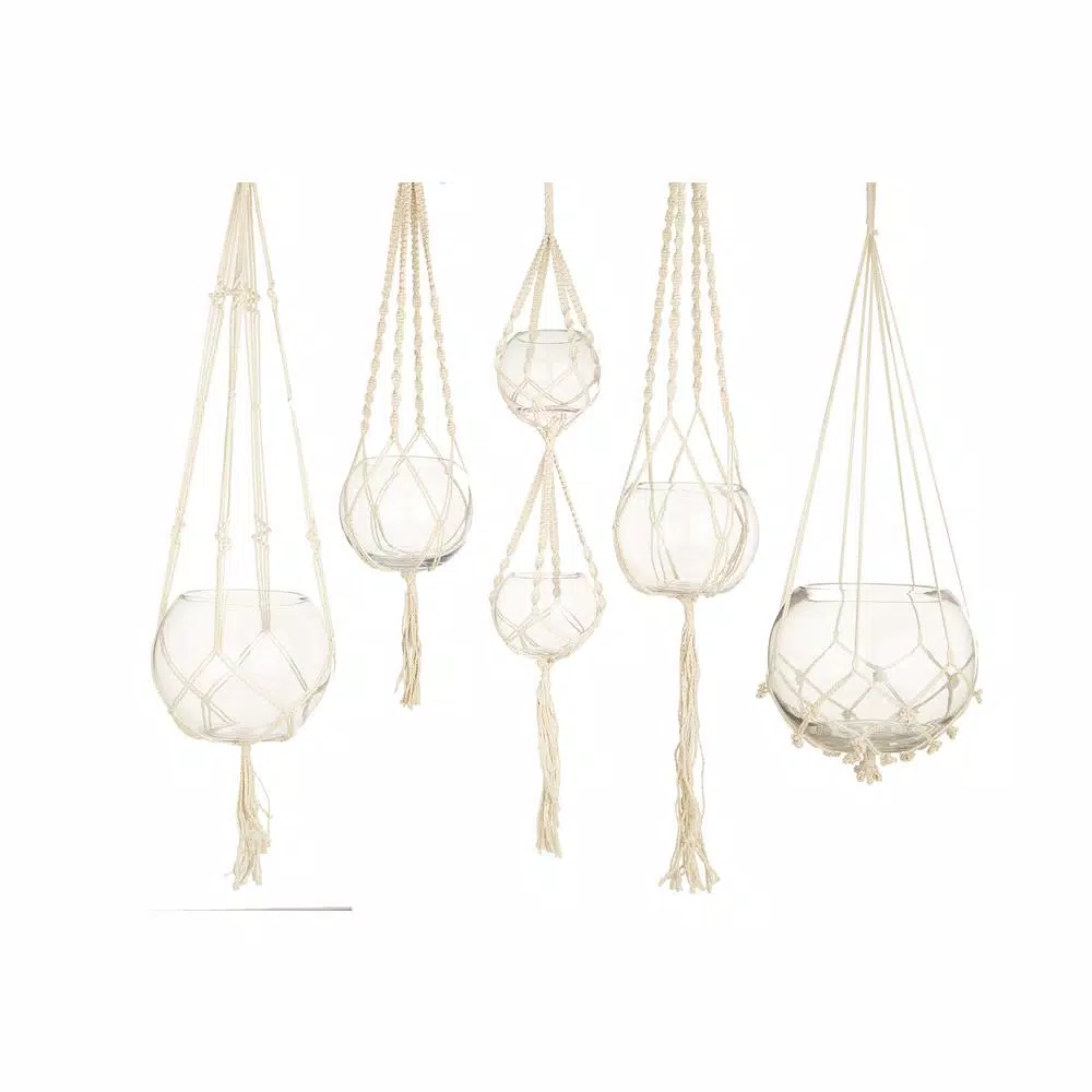 Two's Company Handcrafted Macrame Plant Hangers with Clear Glass Bowls, Set of 5