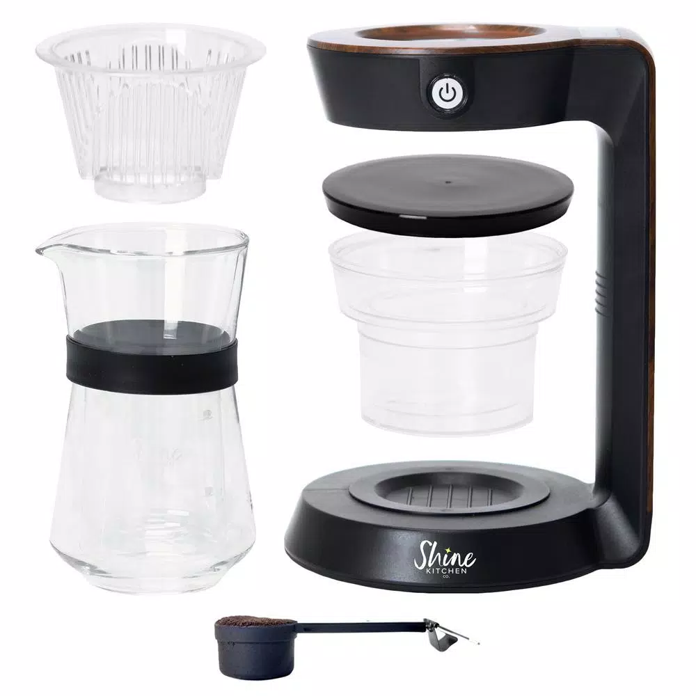 TRIBEST Shine Automatic Pour Over Coffee Machine with 2-Cup Double Wall Glass Carafe, Black with Wood Finish