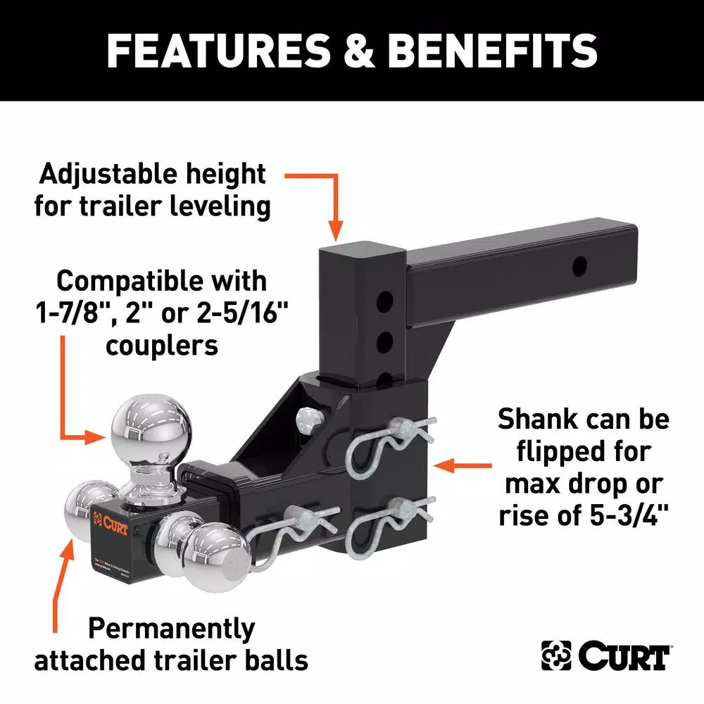 CURT Adjustable Tri-Ball Mount - 2" Receiver, 1-7/8", 2" & 2-5/16" Balls