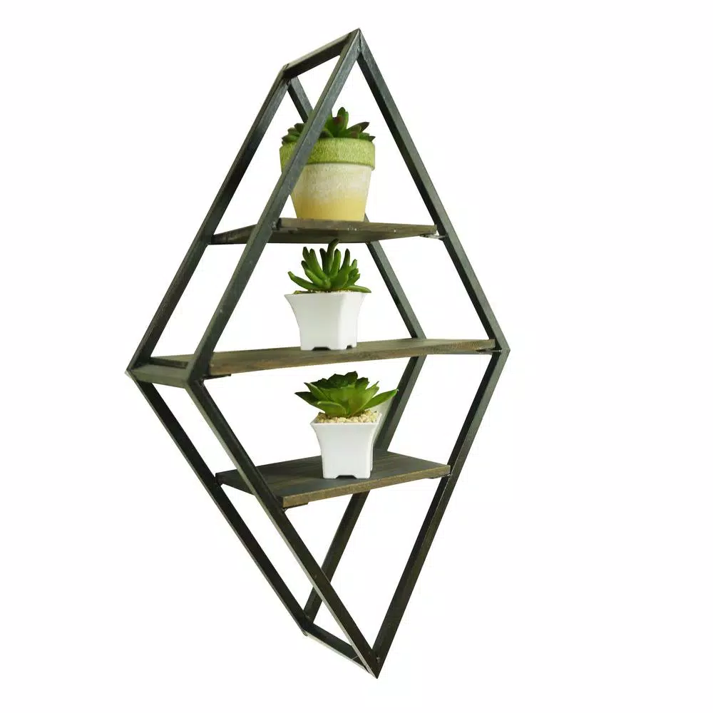 Admired By Nature 3-Tier Metal Diamond Shaped Wall Mounted Display Shelf, Matte Black