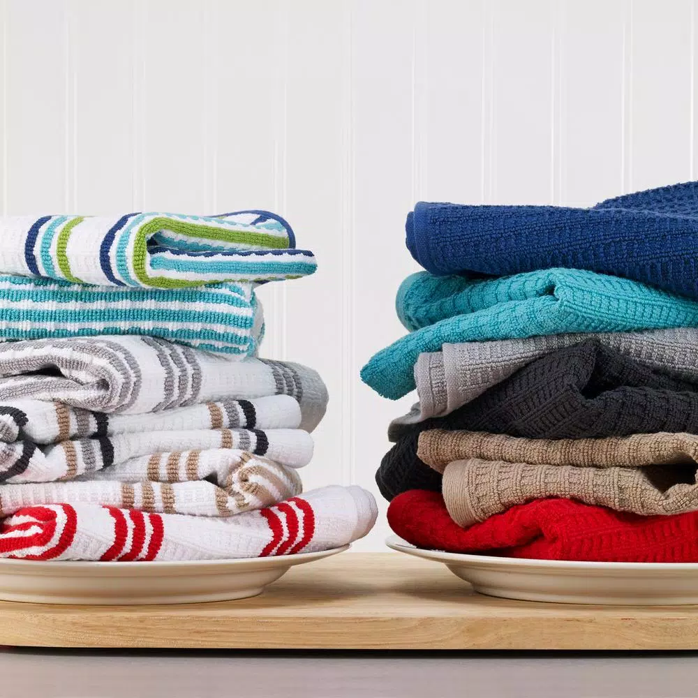 RITZ T-fal Blue Cotton Waffle Terry Kitchen Towel Set, Solid and Stripe (Set of 4)