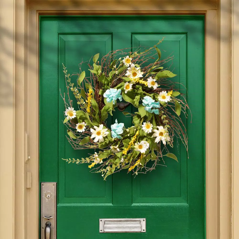 National Tree Company 22 in. White Sunflower Wreath with Greenery - Rustic Cottage Style Floral Wreath