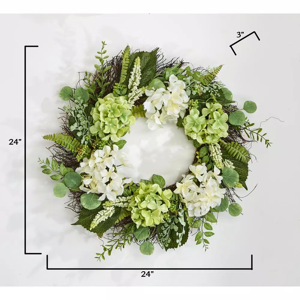 Unbranded 24 in. Cream and Green Hydrangea Silk Wreath with Twig Base