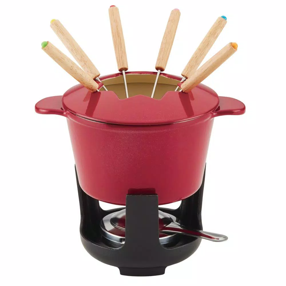 Rachael Ray 1.5-Quart Cast Iron Fondue Pot Set with Red Shimmer Enamel Finish