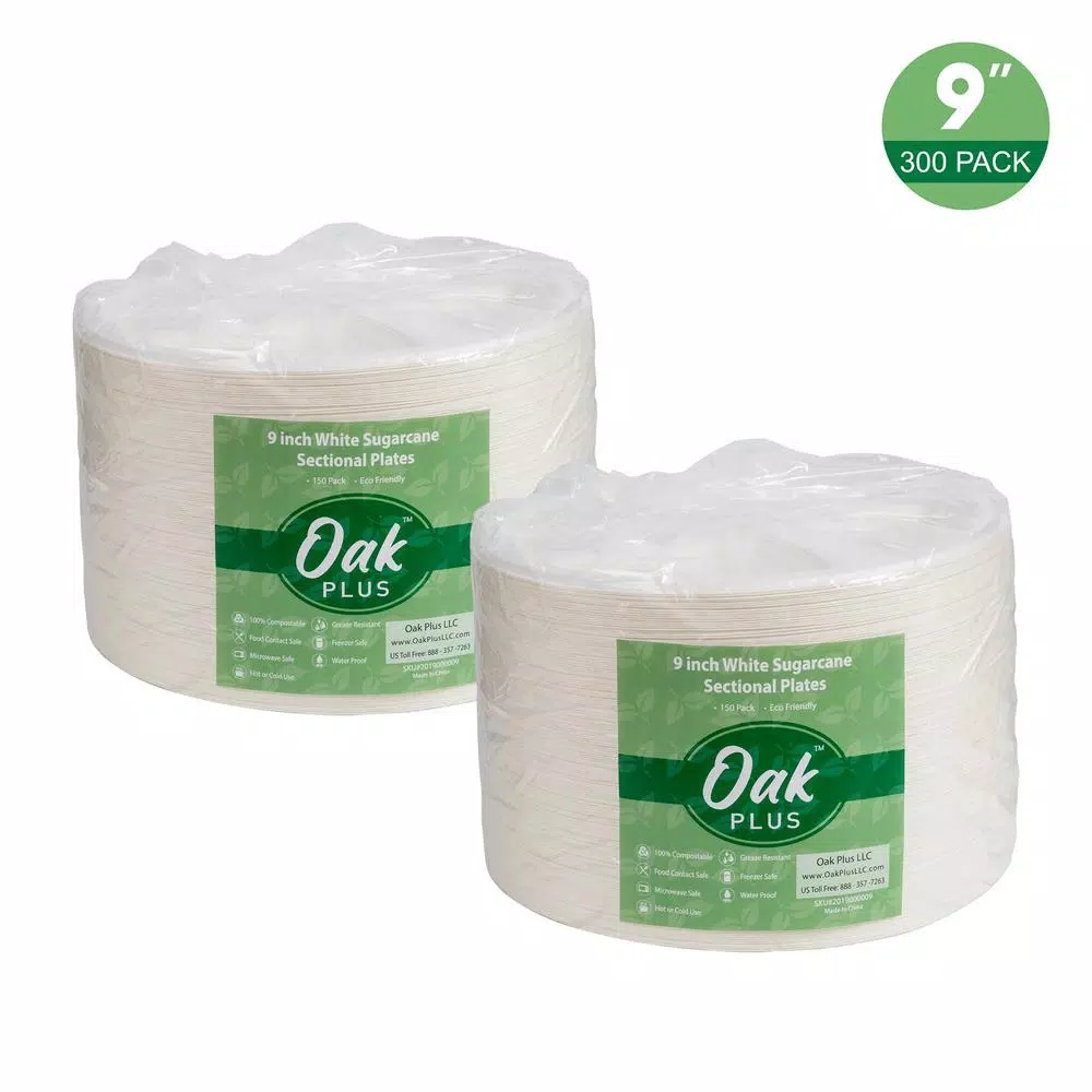 Unbranded 9 in. White Sugarcane Sectional Plates, 3-Compartment Biodegradable Disposable Plates (300 Pack)