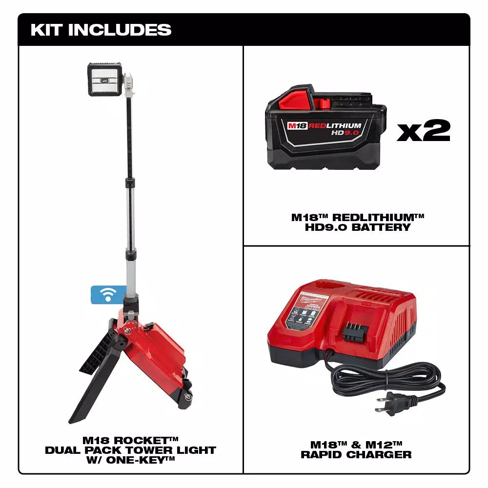 Milwaukee M18 ONE-KEY ROCKET Dual Pack Tower Light Kit with (2) 9.0 Ah Batteries and Rapid Charger