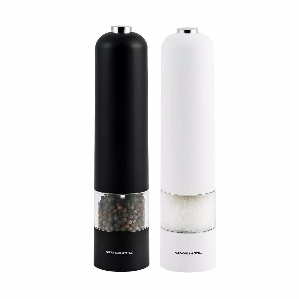 Ovente Electric Salt and Pepper Grinder Set, Battery Operated, Adjustable Coarseness, Black and White