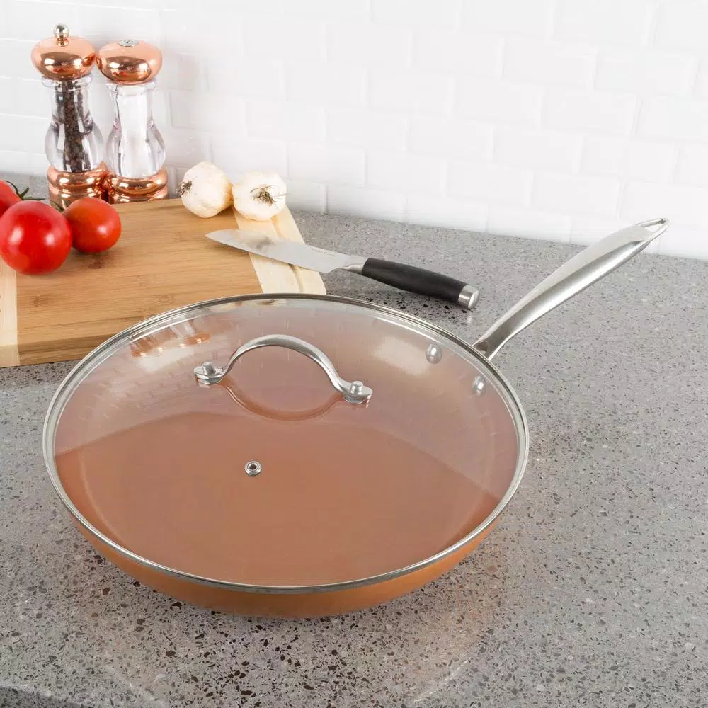 Classic Cuisine Allumi-Shield 12 in. Square Aluminum Ceramic Nonstick Grill Pan with Glass Lid, Copper Finish
