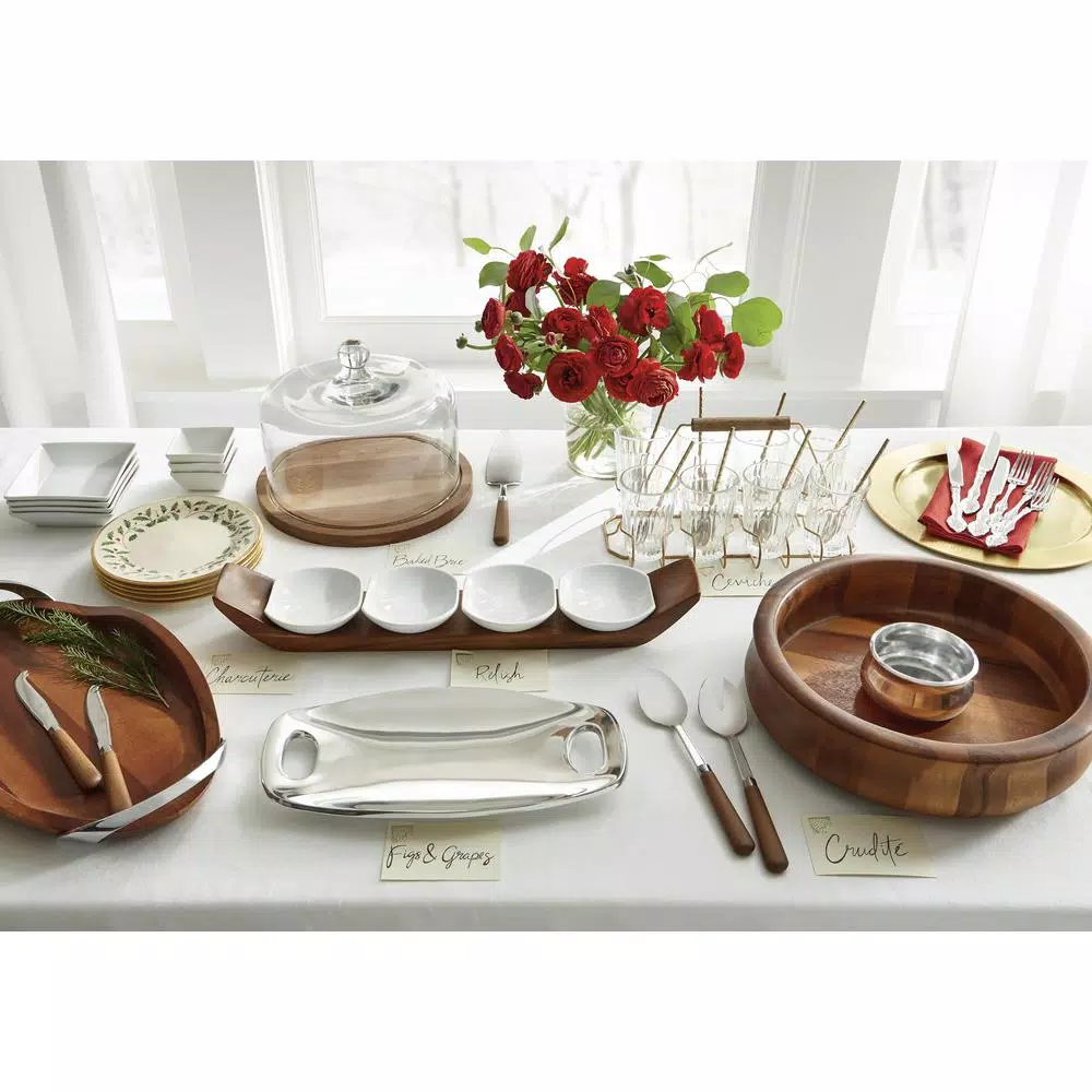 Nambe Nara 13 in. Acacia Wood Chip and Dip Server with Alloy Dip Bowl
