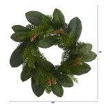 Nearly Natural 16 in. Magnolia Leaf and Mixed Pine Artificial Wreath with Pine Cones thumbnail 2