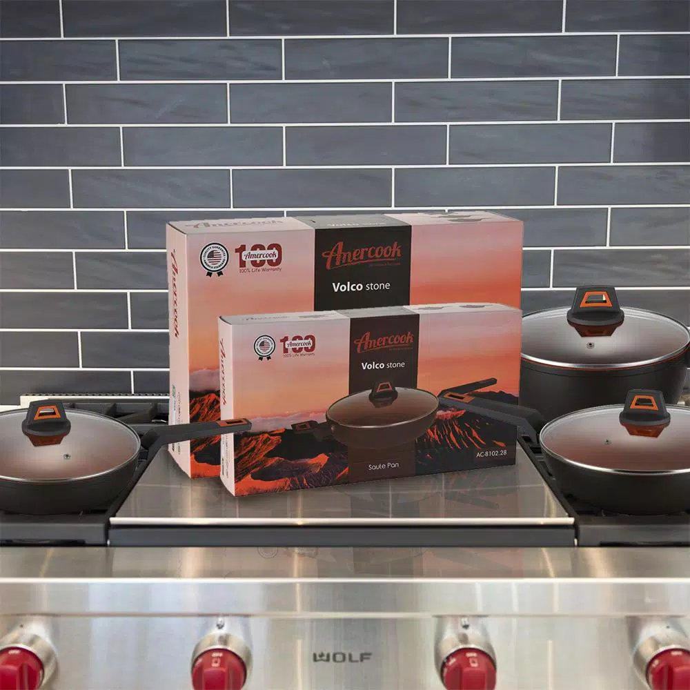 AMERCOOK 12 in. Volcano Stone Nonstick Wok Pan, Forged Aluminum, Induction Compatible