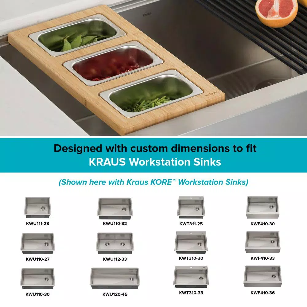 KRAUS Workstation Kitchen Sink Accessory Set: Bamboo Serving Board & 3 Stainless Steel Prep Bowls