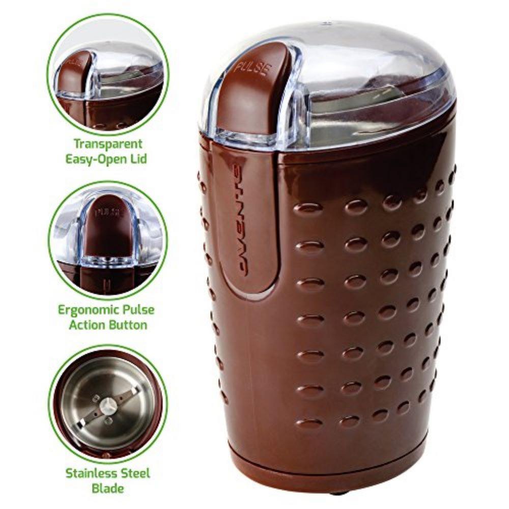 Ovente 2.5 oz. Electric Coffee Grinder with Stainless Steel Blades and Transparent Lid, Brown