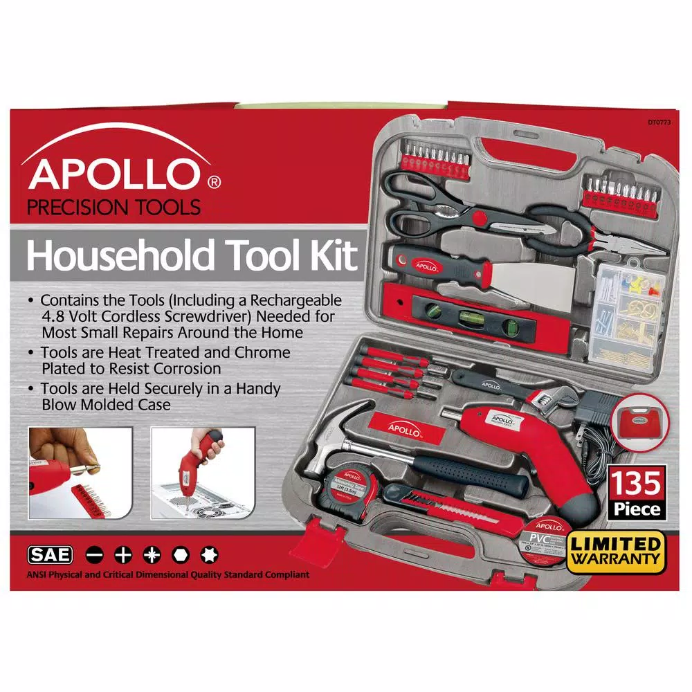 Apollo 135-Piece Home Tool Kit with 4.8V Cordless Screwdriver and Durable Carrying Case