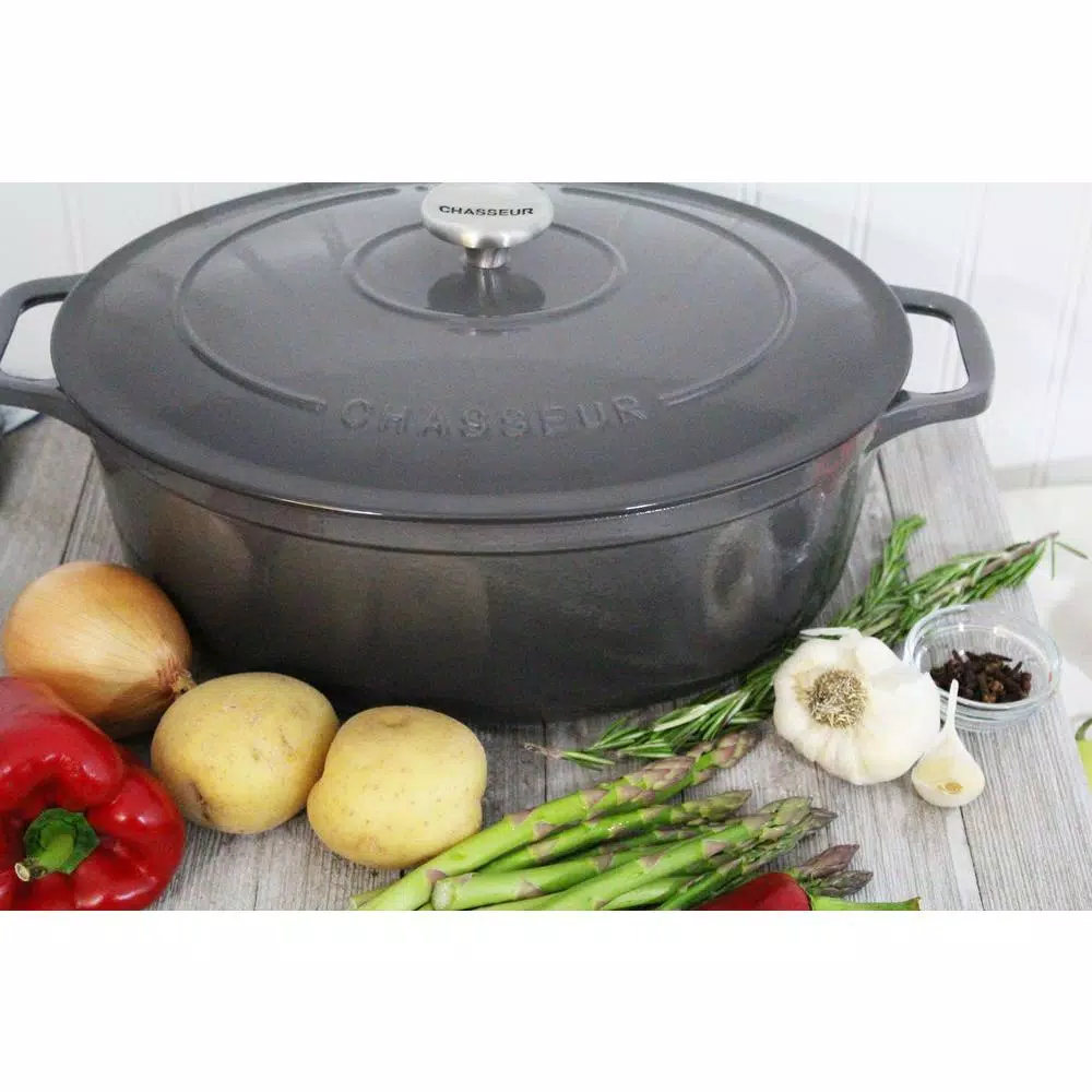 Chasseur 6 qt. Oval Enameled Cast Iron Dutch Oven with Lid, Caviar Grey