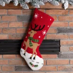 Glitzhome Whimsical Reindeer Hooked Christmas Stocking - Red & White Holiday Decor thumbnail 2