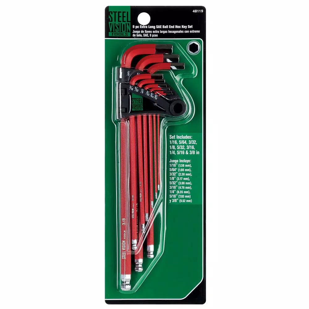 Steel Vision 9-Piece SAE Extra Long Ball Point Hex Key Wrench Set, Red