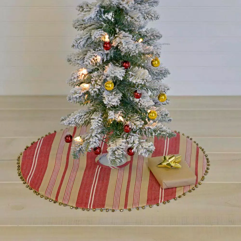 VHC Brands 21 in. Vintage Stripe Candy Apple Red Farmhouse Christmas Mini Tree Skirt with Jingle Bell Trim