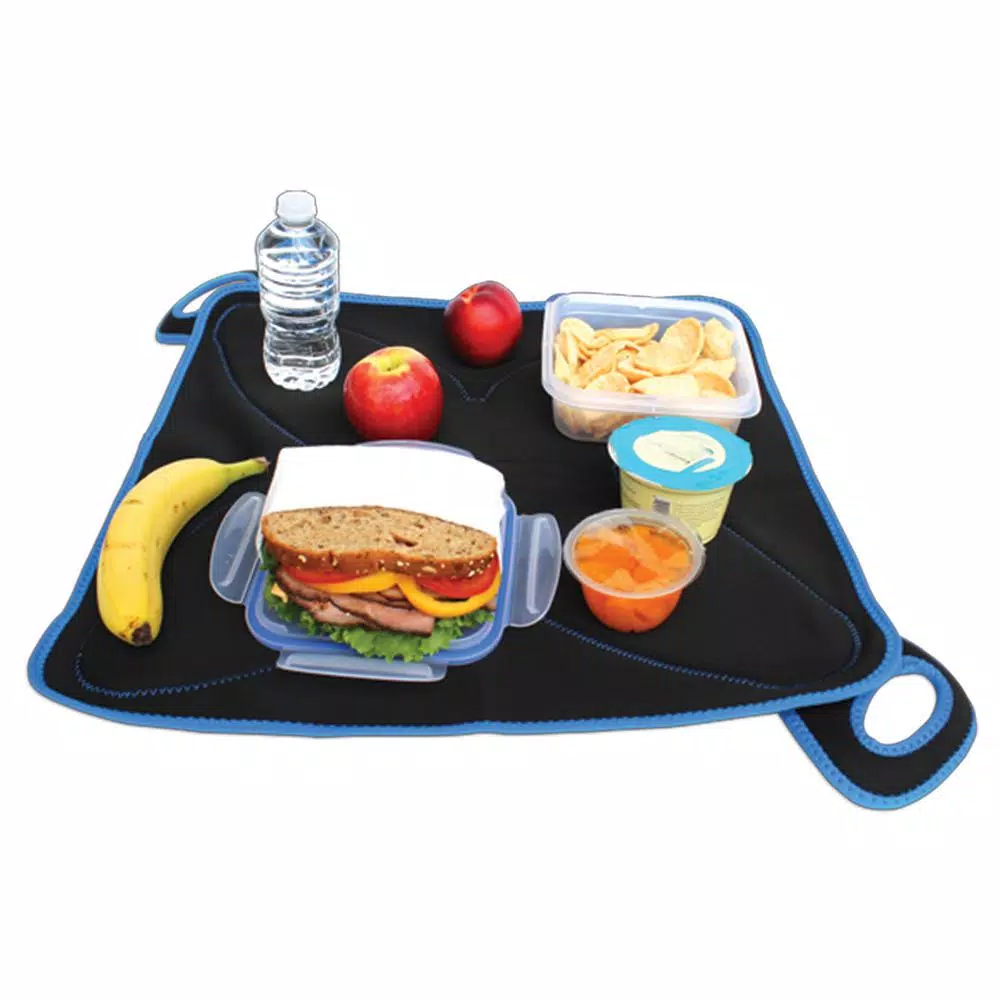 FLATBOX Plus Black and Blue Neoprene Lunch Bag and Unzipping Placemat