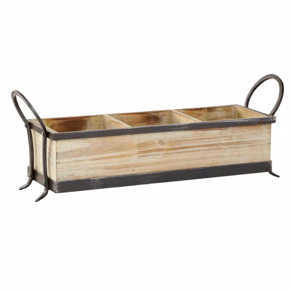 LITTON LANE Rustic Elegance 23" Wood and Iron 3-Compartment Rectangular Farmhouse Tray
