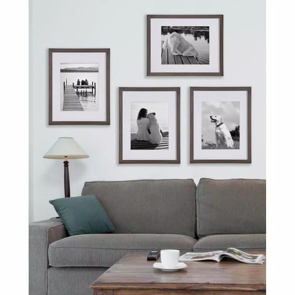 DesignOvation Gallery Wood Photo Frame Set, 4-Pack, Gray, 11x14 matted to 8x10
